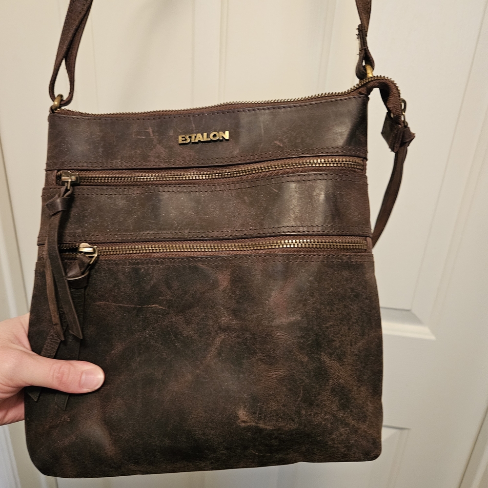 Estalon Dark Brown Distressed Leather Crossbody Bag